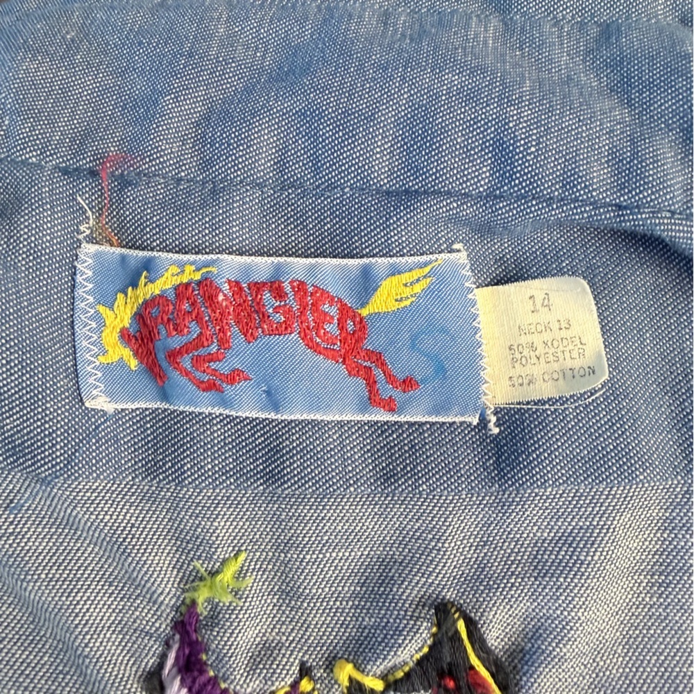 Wrangler Dragon Embroidered Western Denim Blue Red Button Down Collared Shirt 14 - Picture 6 of 10